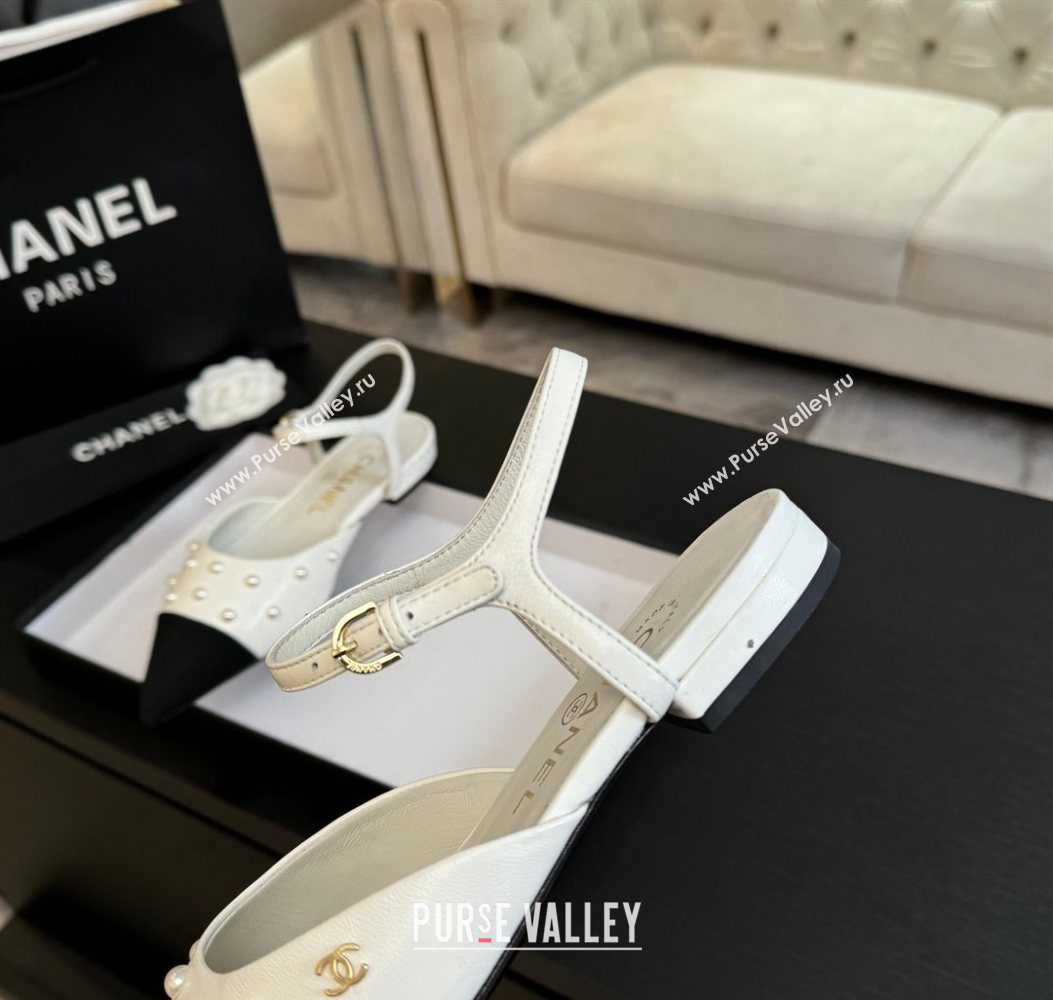 Chanel Lambskin Grosgrain Flats Slingbacks with Pearls White 2025 CH110314 (MD-251103118)