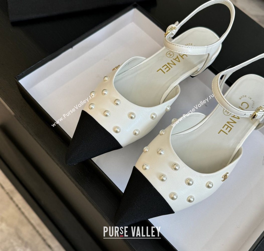 Chanel Lambskin Grosgrain Flats Slingbacks with Pearls White 2025 CH110314 (MD-251103118)