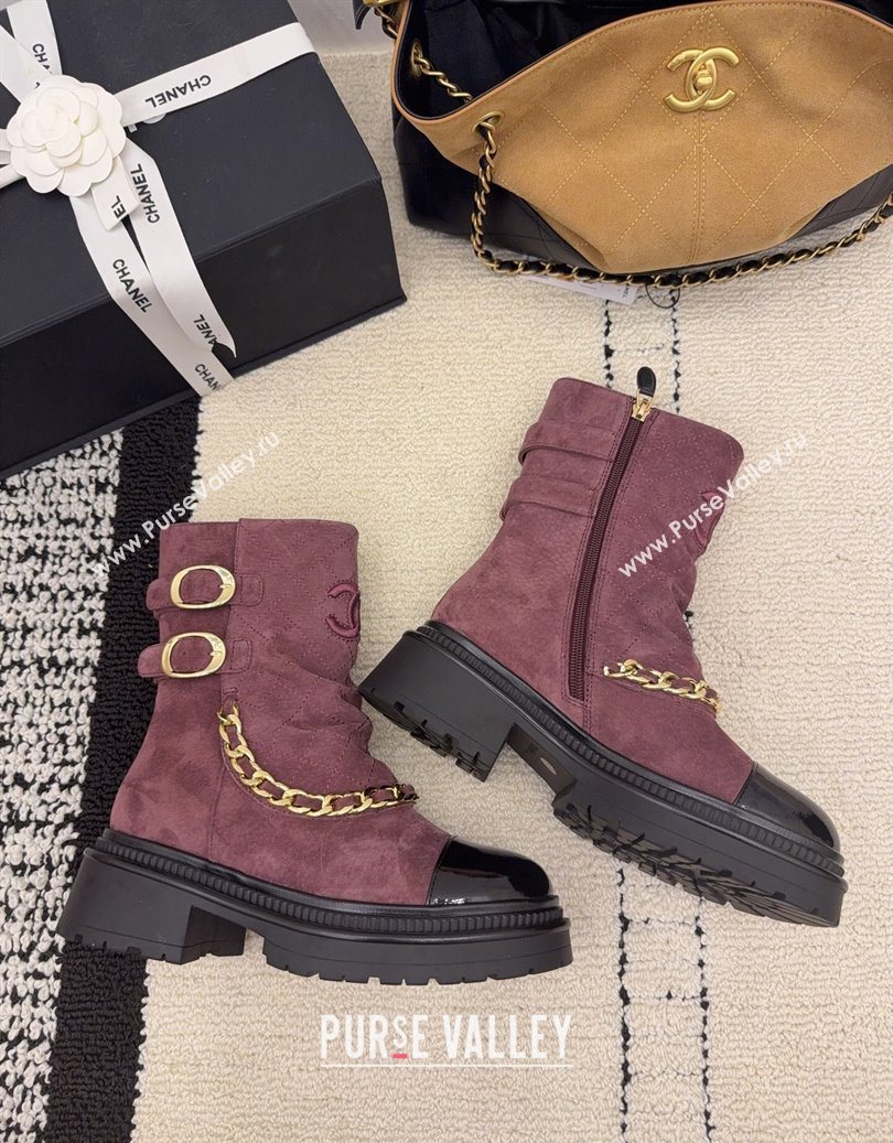 Chanel Suede Patent Leather Platform Ankle Boots with Chain and Buckle Burgundy 2025 CH110412 (MD-251104057)