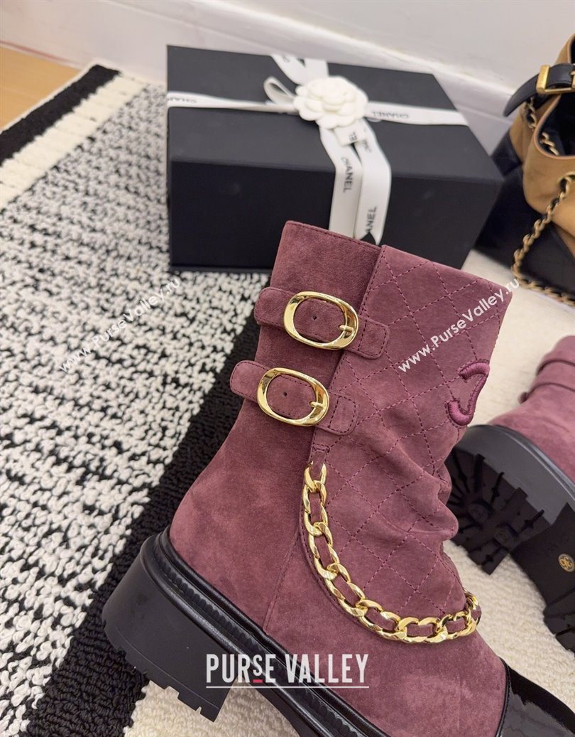 Chanel Suede Patent Leather Platform Ankle Boots with Chain and Buckle Burgundy 2025 CH110412 (MD-251104057)