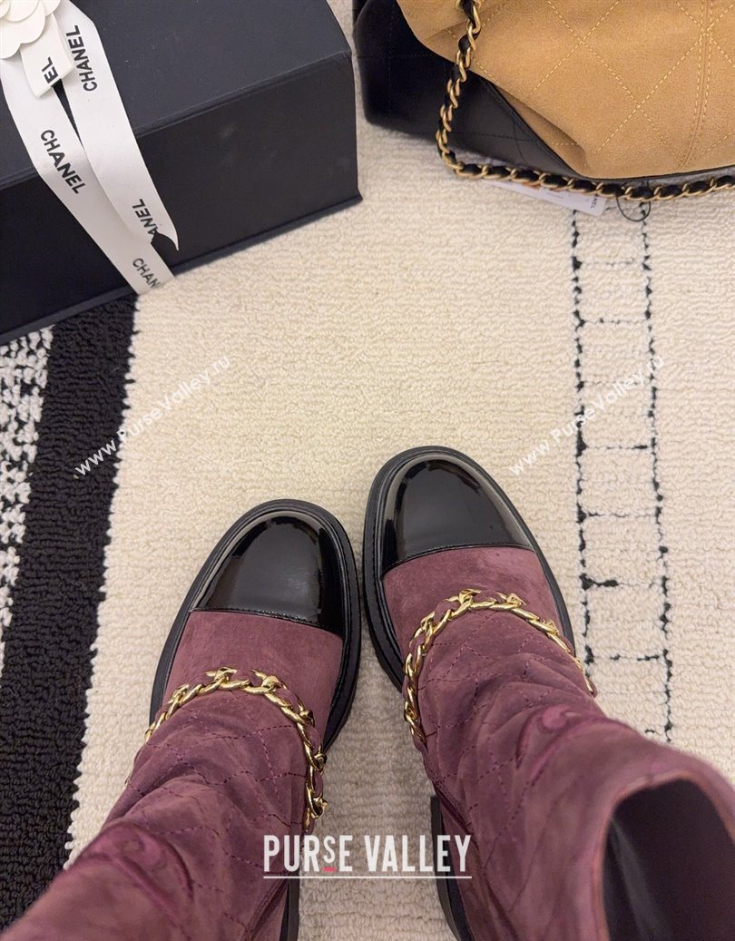 Chanel Suede Patent Leather Platform Ankle Boots with Chain and Buckle Burgundy 2025 CH110412 (MD-251104057)