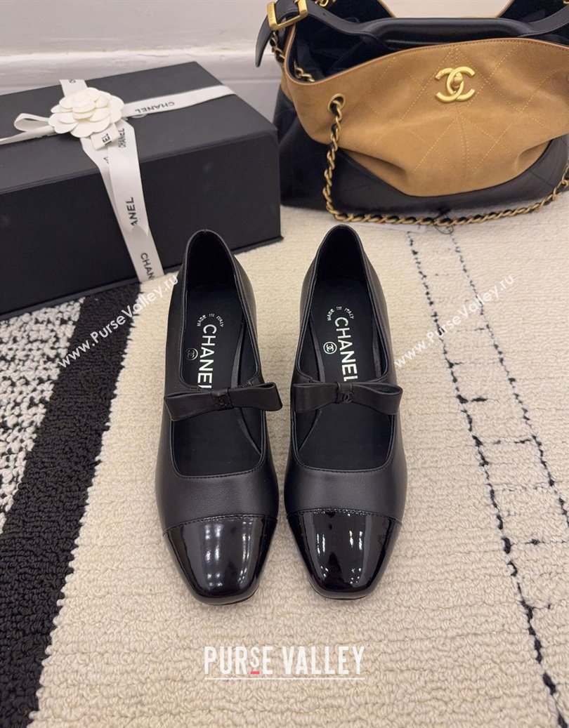 Chanel Lambskin and Patent Leather Mary Janes Pumps 5cm with Bow Black 2025 CH110302 (MD-251103101)