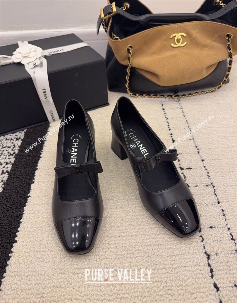 Chanel Lambskin and Patent Leather Mary Janes Pumps 5cm with Bow Black 2025 CH110302 (MD-251103101)