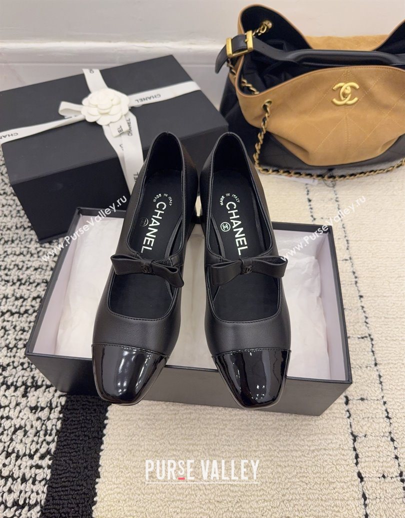 Chanel Lambskin and Patent Leather Mary Janes Pumps 5cm with Bow Black 2025 CH110302 (MD-251103101)