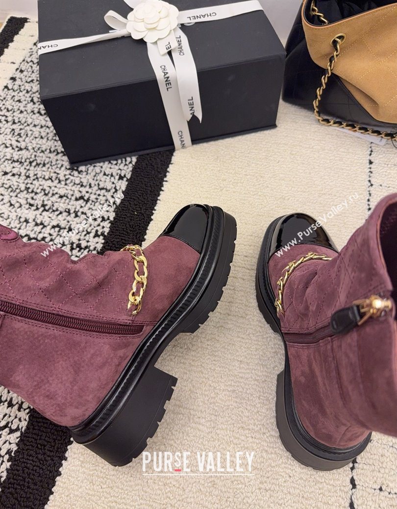 Chanel Suede Patent Leather Platform Ankle Boots with Chain and Buckle Burgundy 2025 CH110412 (MD-251104057)