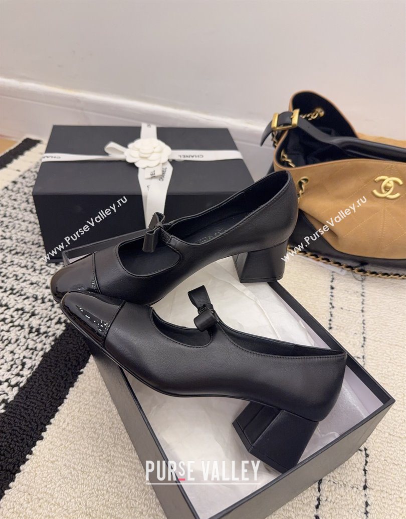 Chanel Lambskin and Patent Leather Mary Janes Pumps 5cm with Bow Black 2025 CH110302 (MD-251103101)