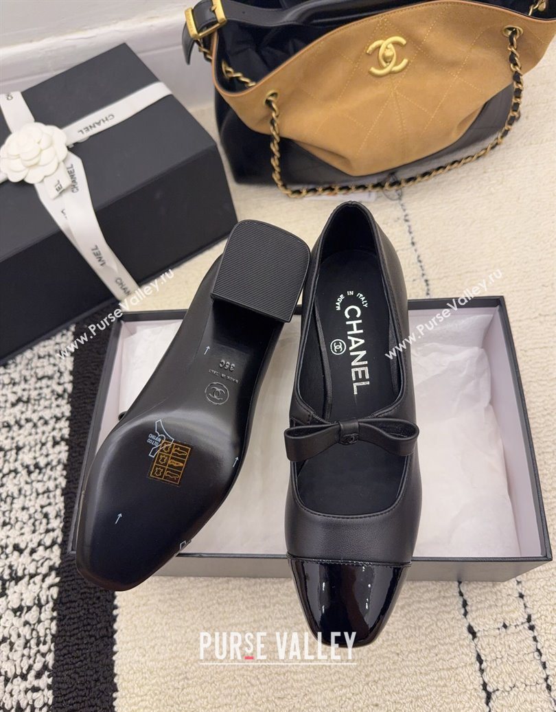 Chanel Lambskin and Patent Leather Mary Janes Pumps 5cm with Bow Black 2025 CH110302 (MD-251103101)