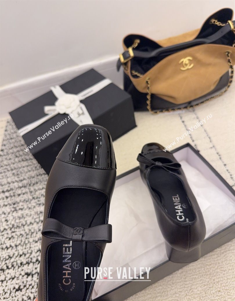 Chanel Lambskin and Patent Leather Mary Janes Pumps 5cm with Bow Black 2025 CH110302 (MD-251103101)