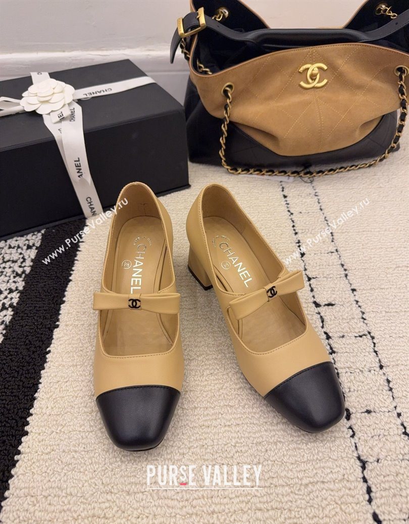 Chanel Lambskin Leather Mary Janes Pumps 5cm with Bow Beige 2025 CH110302 (MD-251103102)