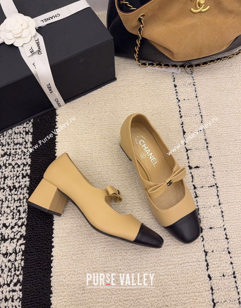 Chanel Lambskin Leather Mary Janes Pumps 5cm with Bow Beige 2025 CH110302 (MD-251103102)