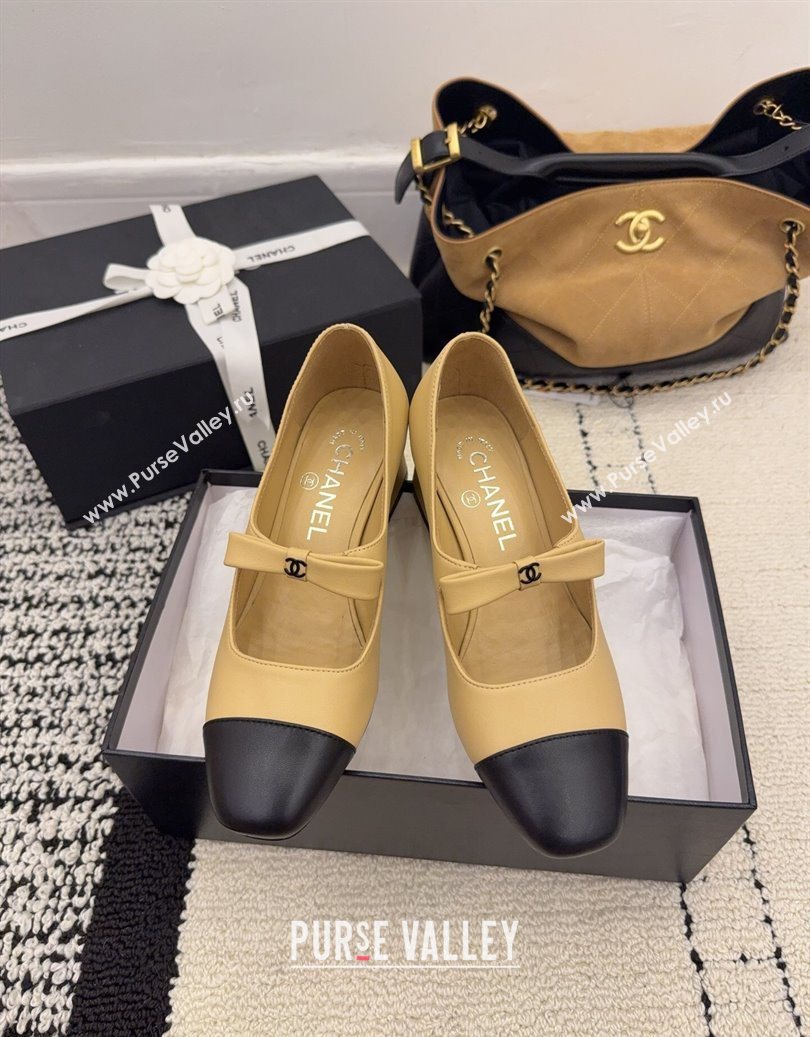 Chanel Lambskin Leather Mary Janes Pumps 5cm with Bow Beige 2025 CH110302 (MD-251103102)