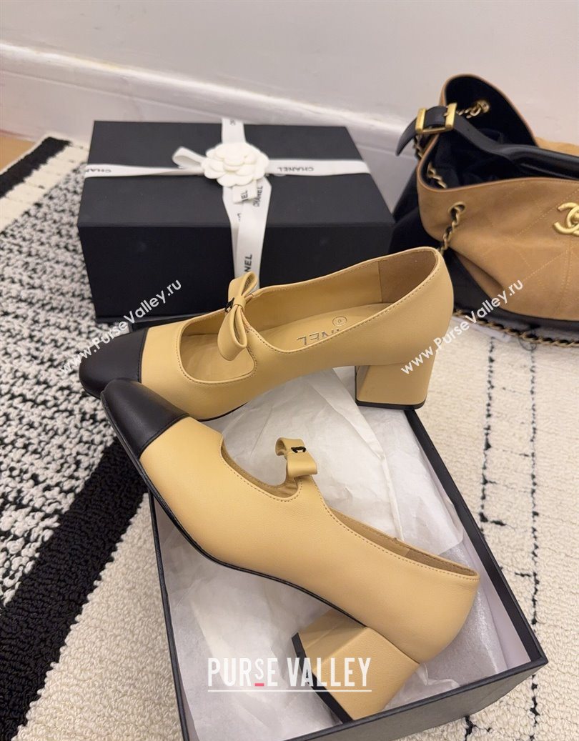 Chanel Lambskin Leather Mary Janes Pumps 5cm with Bow Beige 2025 CH110302 (MD-251103102)