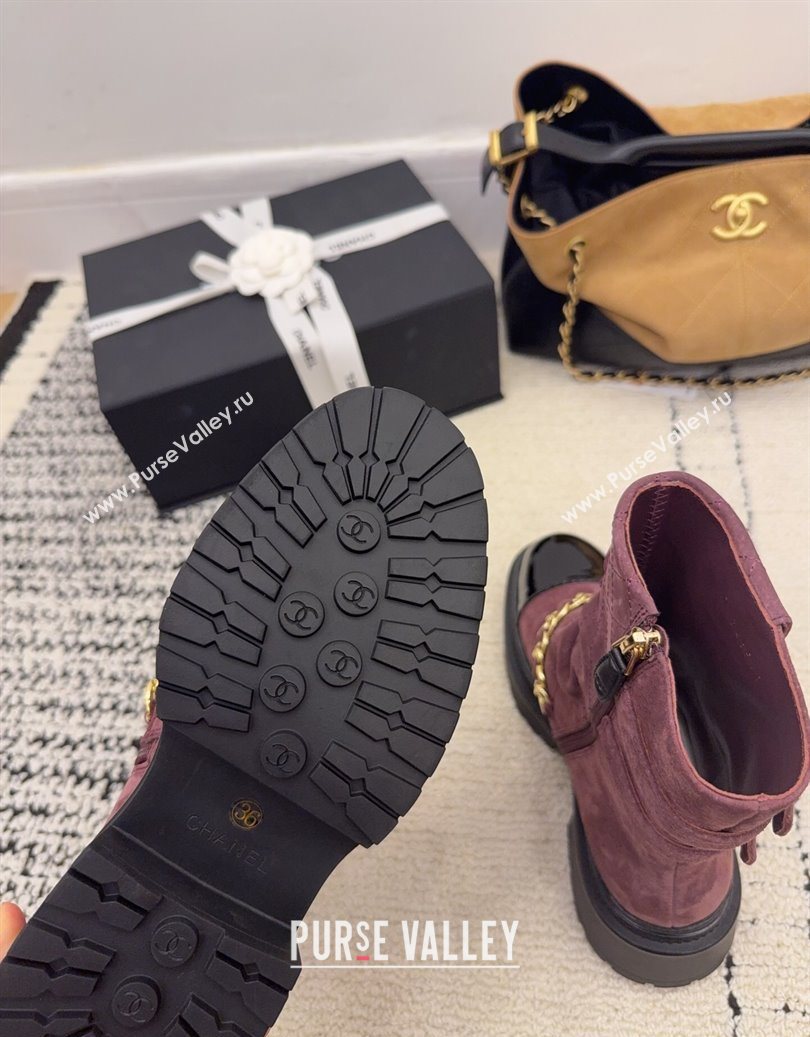 Chanel Suede Patent Leather Platform Ankle Boots with Chain and Buckle Burgundy 2025 CH110412 (MD-251104057)