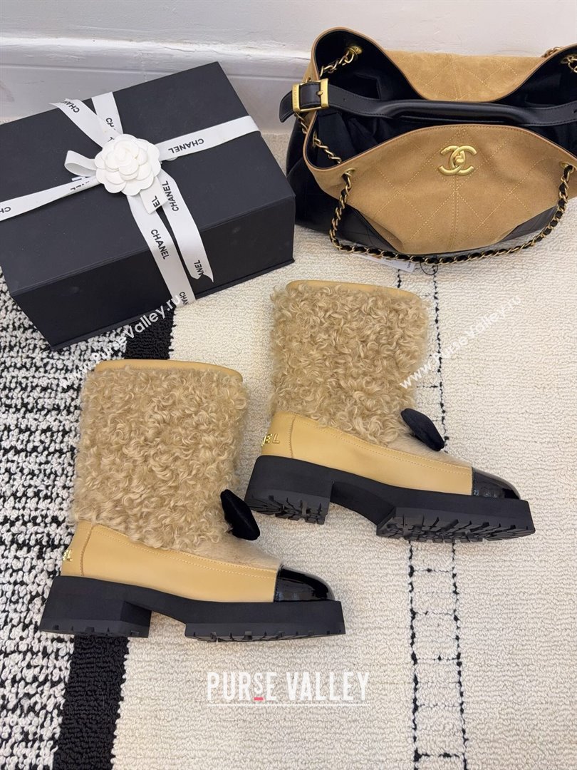 Chanel Fur - Lambskin Patent Leather Platform Ankle Boots Beige 2025 G46636 (MD-251103148)