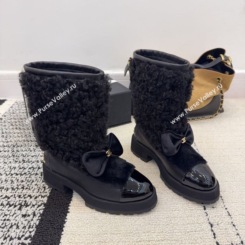 Chanel Fur - Lambskin Patent Leather Platform Ankle Boots Black 2025 G46636 (MD-251103147)