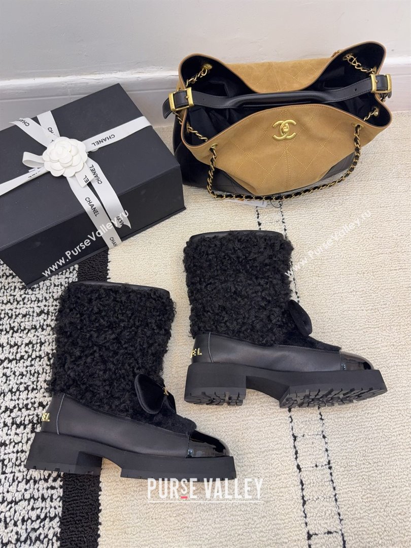 Chanel Fur - Lambskin Patent Leather Platform Ankle Boots Black 2025 G46636 (MD-251103147)