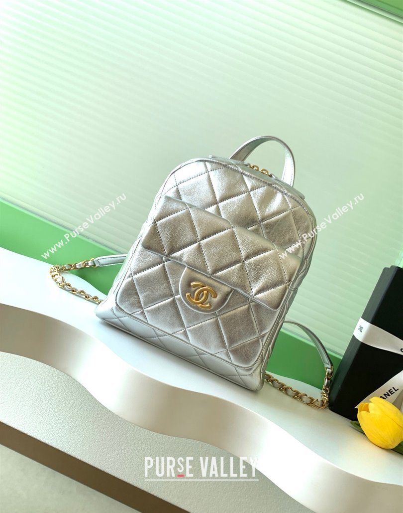 Chanel Calfskin Leather Backpack Bag Silver 2025 AS5793 (yezi-251127135)