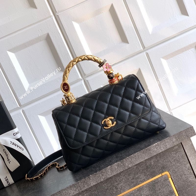Chanel Calfskin Leather Small Flap Bag with Top Handle and Charm Black 2025 CH112701 (yezi-251127033)