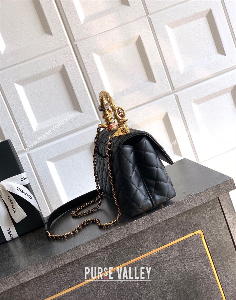 Chanel Calfskin Leather Small Flap Bag with Top Handle and Charm Black 2025 CH112701 (yezi-251127033)