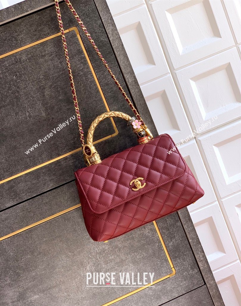 Chanel Calfskin Leather Small Flap Bag with Top Handle and Charm Burgundy 2025 CH112701 (yezi-251127034)
