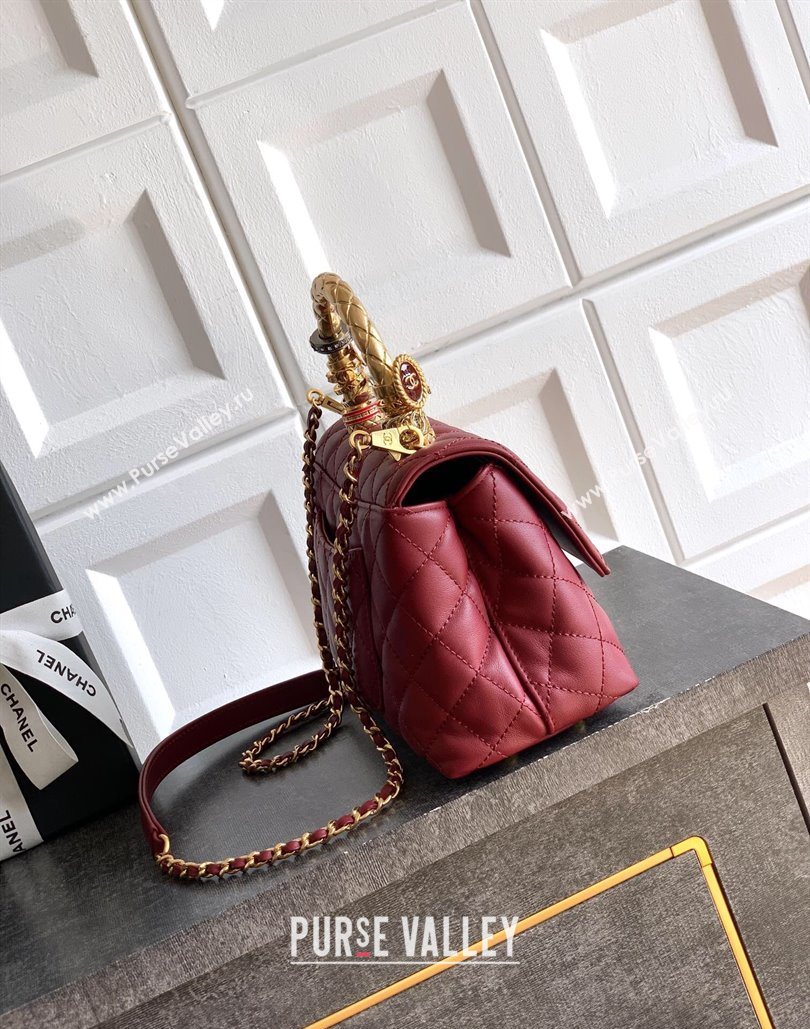 Chanel Calfskin Leather Small Flap Bag with Top Handle and Charm Burgundy 2025 CH112701 (yezi-251127034)