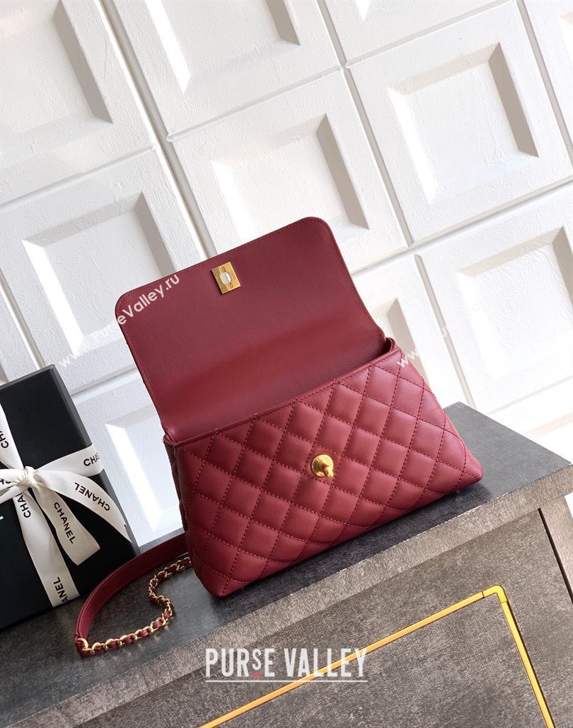 Chanel Calfskin Leather Small Flap Bag with Top Handle and Charm Burgundy 2025 CH112701 (yezi-251127034)