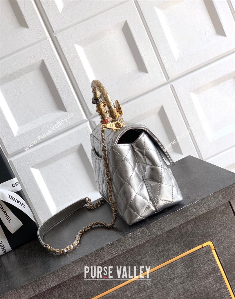 Chanel Calfskin Leather Small Flap Bag with Top Handle and Charm Silver 2025 CH112701 (yezi-251127036)