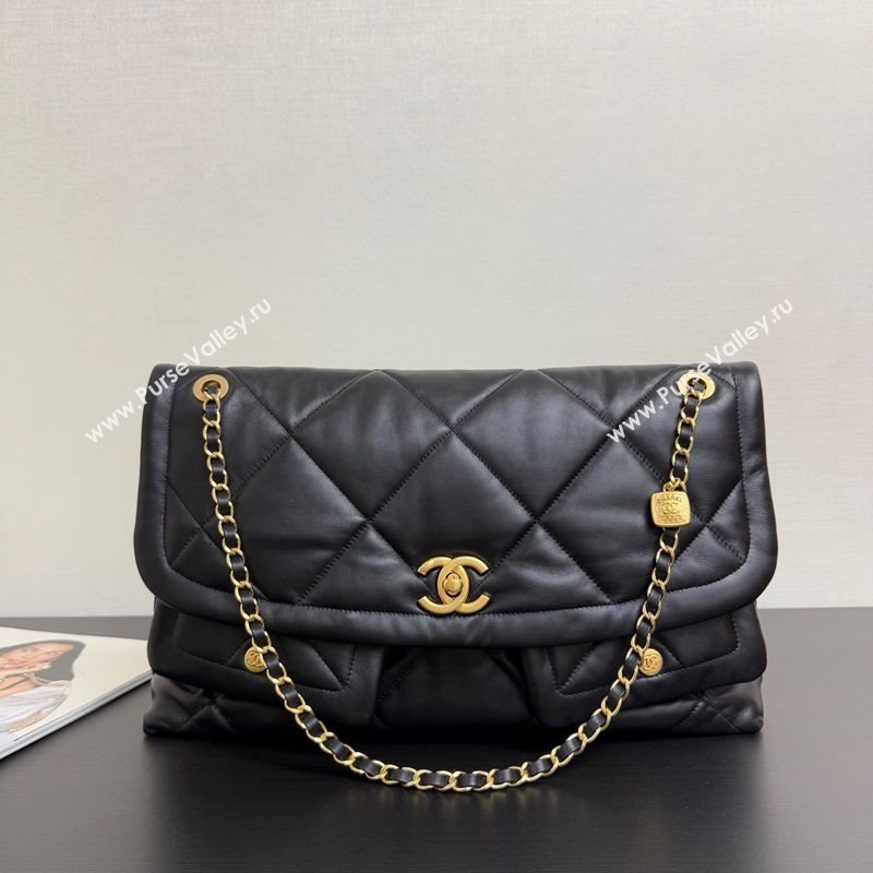 Chanel Shiny Lambskin Maxi Flap bag with Pockets Black 2025 AS5727 (yezi-251127059)