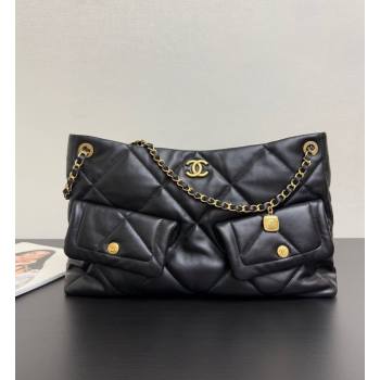 Chanel Shiny Lambskin Shopping Bag with Pockets Black 2025 AS5740 (yezi-251127064)