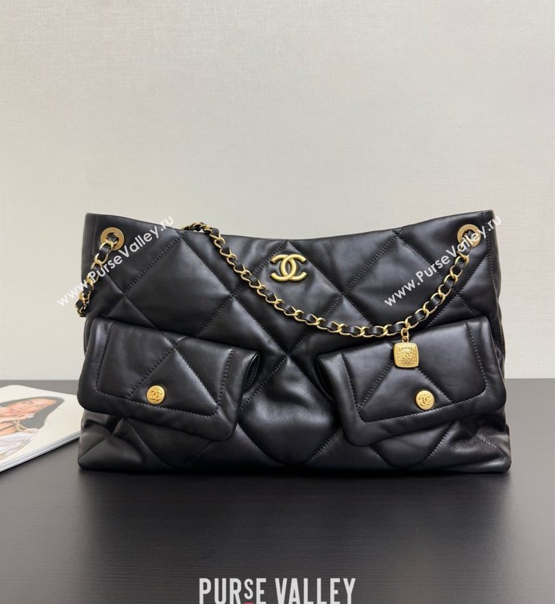 Chanel Shiny Lambskin Shopping Bag with Pockets Black 2025 AS5740 (yezi-251127064)