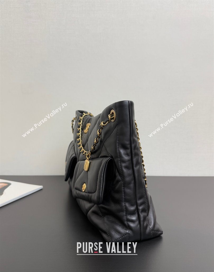 Chanel Shiny Lambskin Shopping Bag with Pockets Black 2025 AS5740 (yezi-251127064)