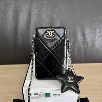 Chanel Shiny Crumpled Calfskin Phone Holder with Chain Black 2025 AP4777 (yezi-251127072)