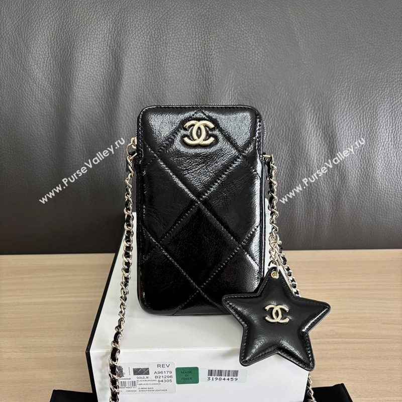 Chanel Shiny Crumpled Calfskin Phone Holder with Chain Black 2025 AP4777 (yezi-251127072)