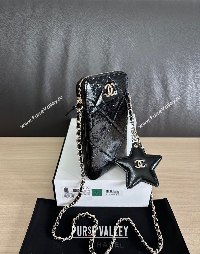 Chanel Shiny Crumpled Calfskin Phone Holder with Chain Black 2025 AP4777 (yezi-251127072)