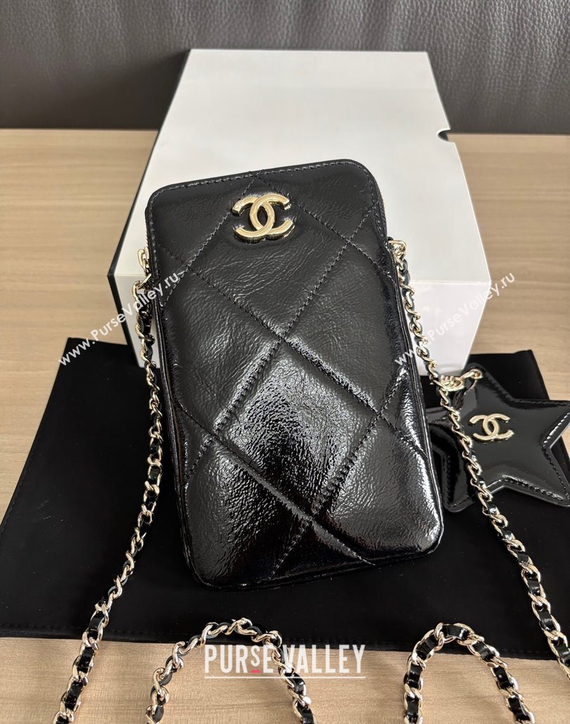 Chanel Shiny Crumpled Calfskin Phone Holder with Chain Black 2025 AP4777 (yezi-251127072)