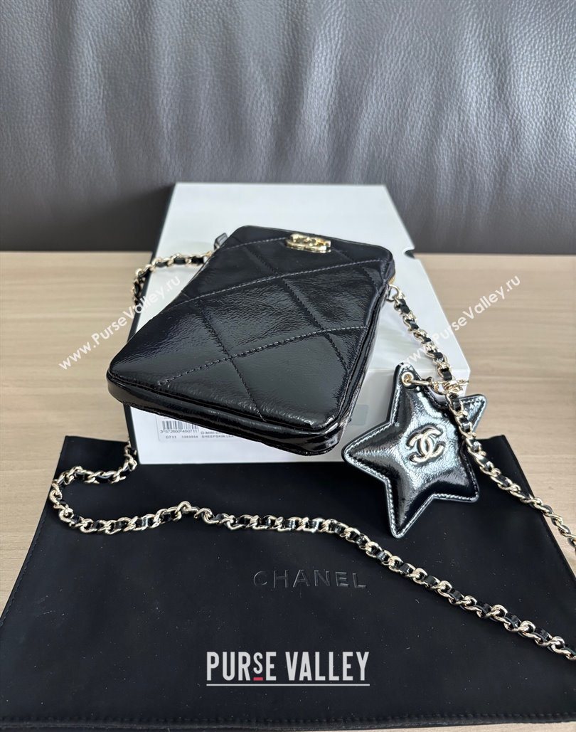 Chanel Shiny Crumpled Calfskin Phone Holder with Chain Black 2025 AP4777 (yezi-251127072)