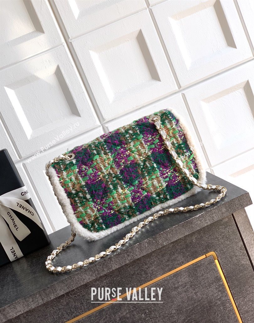 Chanel Tweed Shearling Large Flap Bag Green/Purple 2025 AS5686 (yezi-251127078)