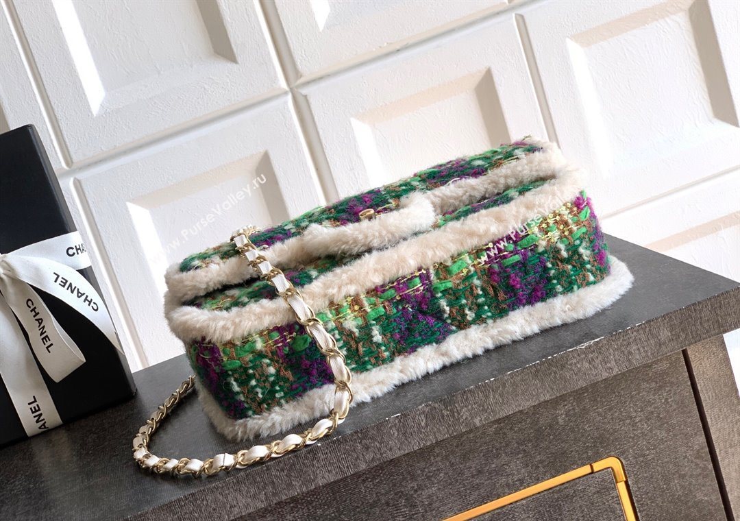 Chanel Tweed Shearling Large Flap Bag Green/Purple 2025 AS5686 (yezi-251127078)