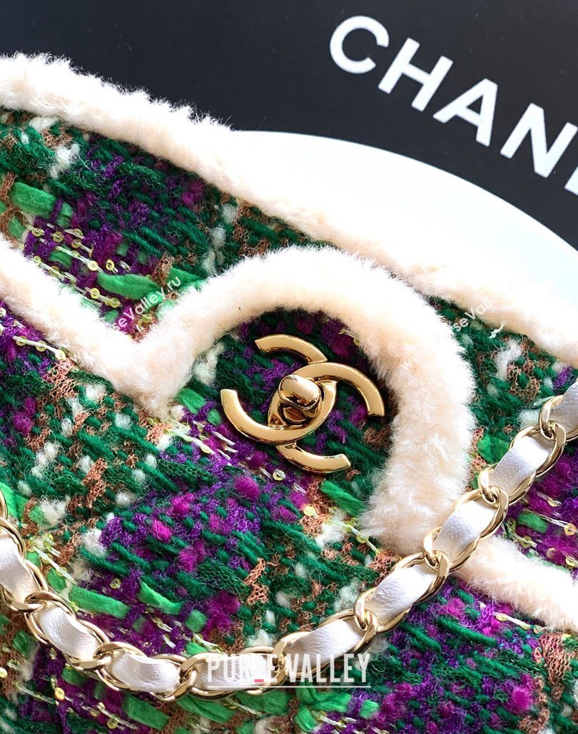 Chanel Tweed Shearling Large Flap Bag Green/Purple 2025 AS5686 (yezi-251127078)
