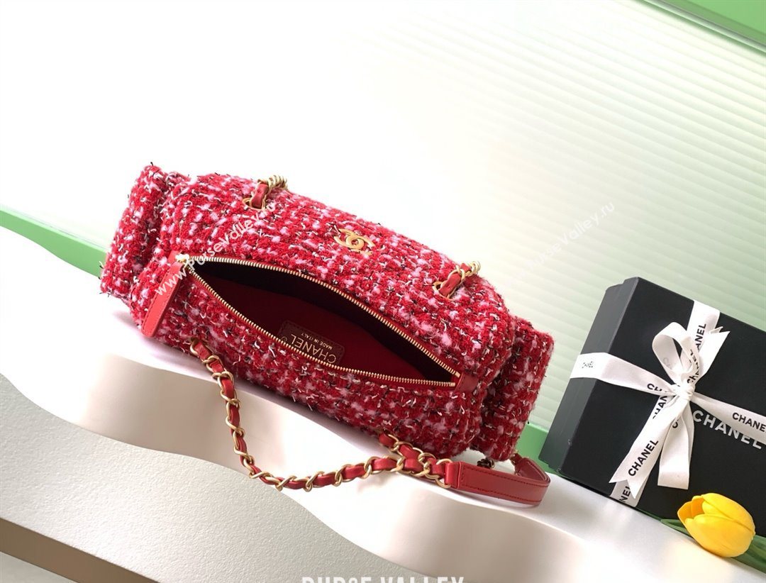 Chanel Tweed Small Bowling Bag Red 2025 AS5792 (yezi-251127021)