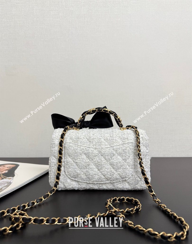 Chanel Tweed Mini Flap Bag with Top Handle with Bow White 2025 AS5875 (yezi-251127011)