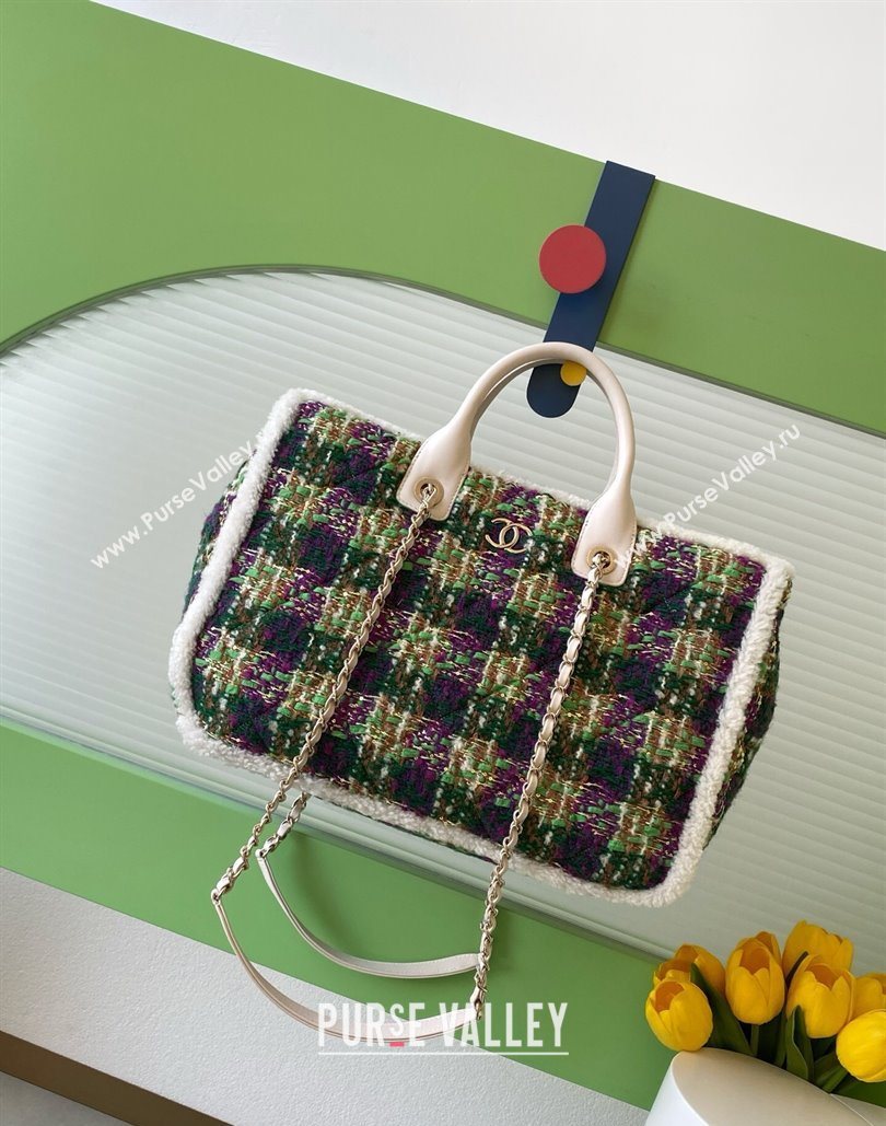 Chanel Tweed Shearling Shopping Bag Green/Purple 2025 AS5689 (yezi-251127087)