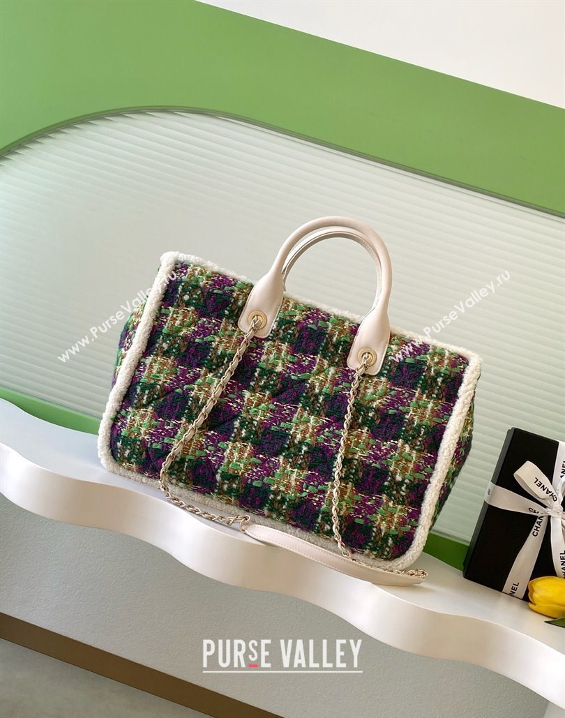 Chanel Tweed Shearling Shopping Bag Green/Purple 2025 AS5689 (yezi-251127087)