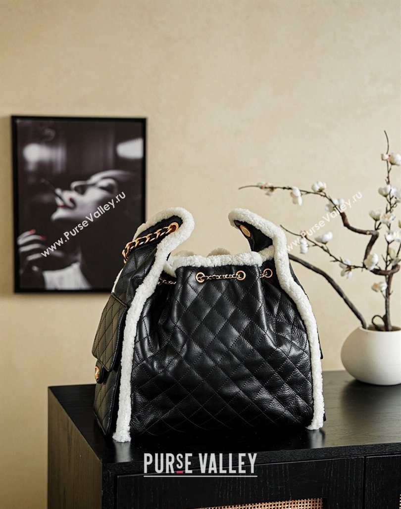 Chanel Quilted Calfskin 25 Medium Handbag with Shearling Black/White 2025 AS5311 (yezi-251127125)