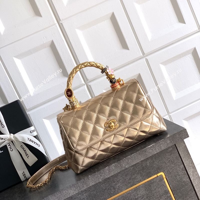 Chanel Calfskin Leather Small Flap Bag with Top Handle and Charm Gold 2025 CH112701 (yezi-251127037)