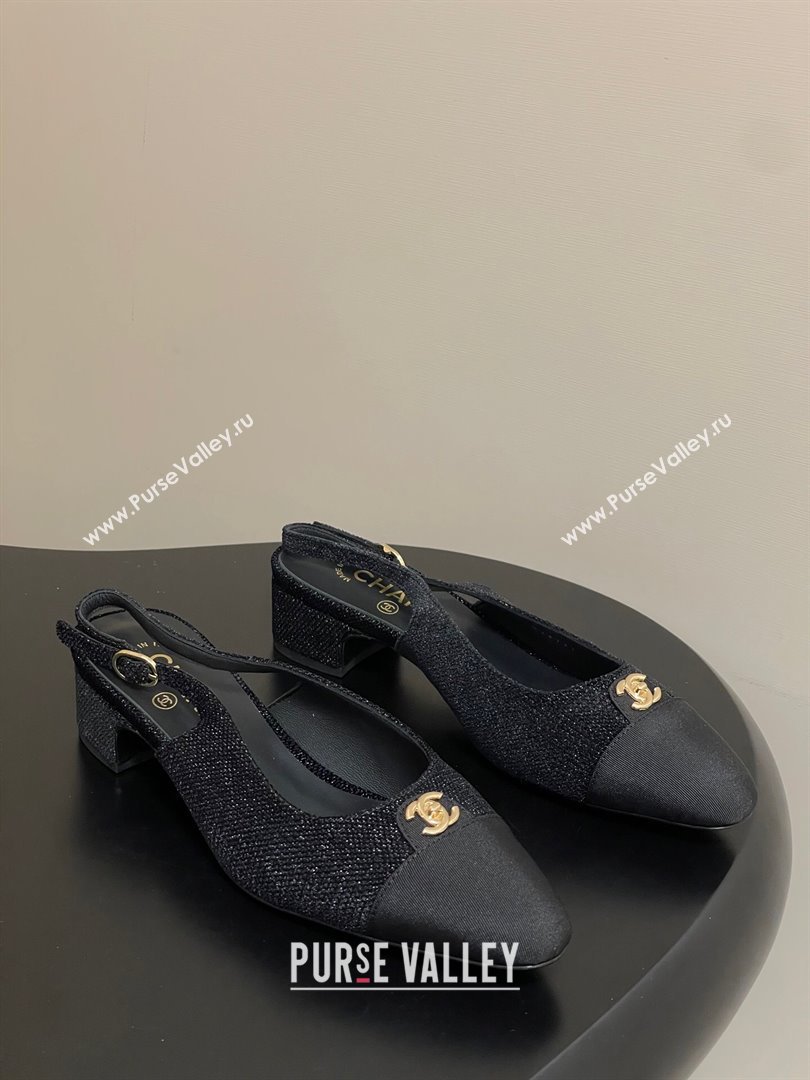 Chanel Tweed Grosgrain Slingbacks Pumps 3.5cm with CC Tag Black 2025 G46441 (MD-251103031)