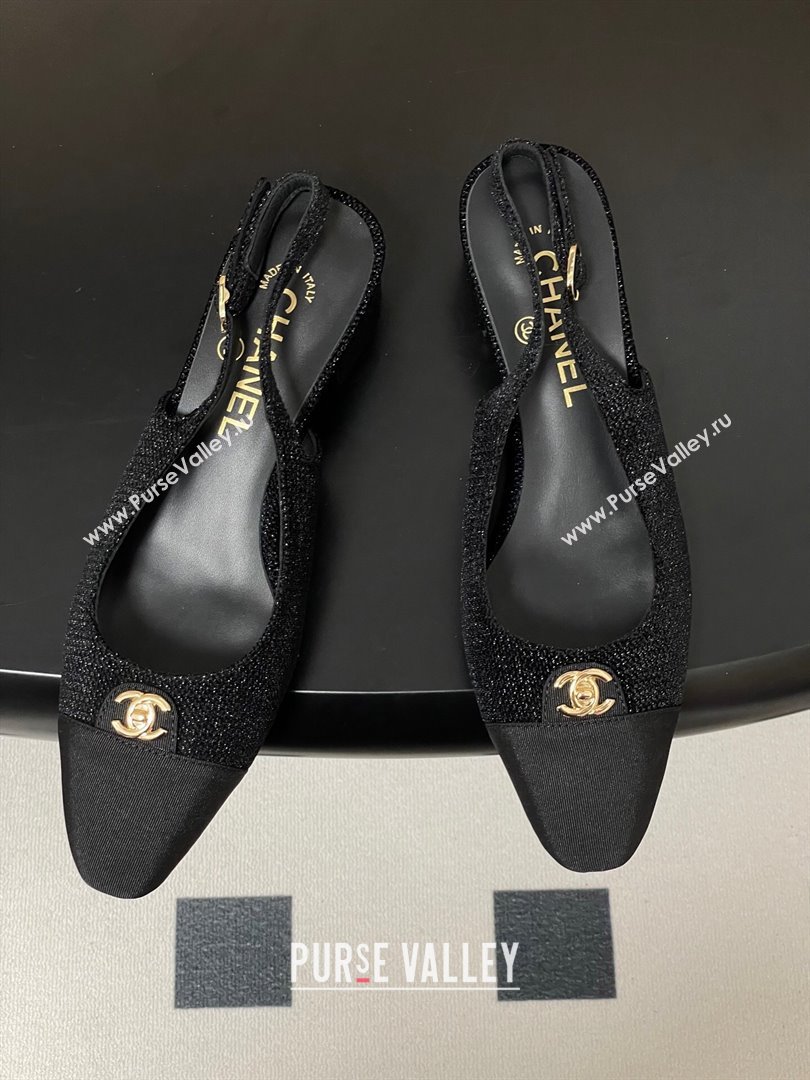 Chanel Tweed Grosgrain Slingbacks Pumps 3.5cm with CC Tag Black 2025 G46441 (MD-251103031)