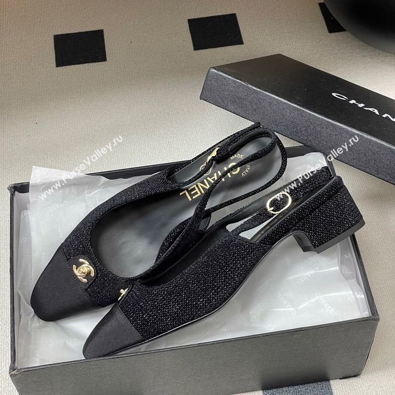 Chanel Tweed Grosgrain Slingbacks Pumps 3.5cm with CC Tag Black 2025 G46441 (MD-251103031)