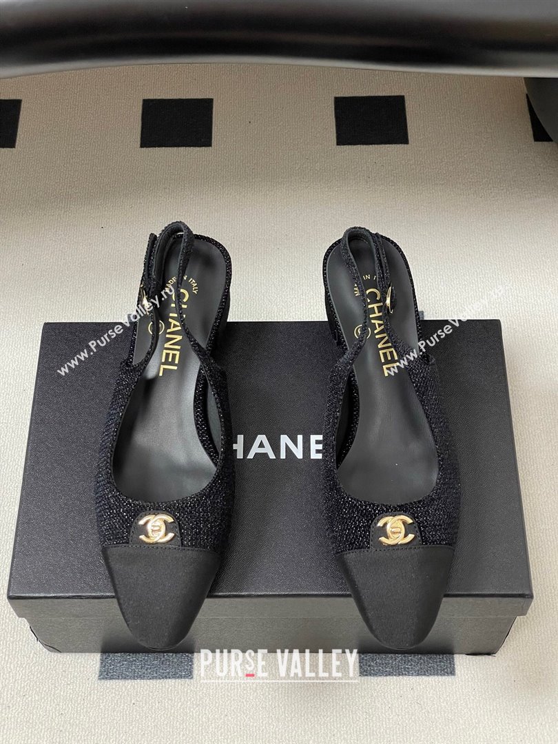 Chanel Tweed Grosgrain Slingbacks Pumps 3.5cm with CC Tag Black 2025 G46441 (MD-251103031)