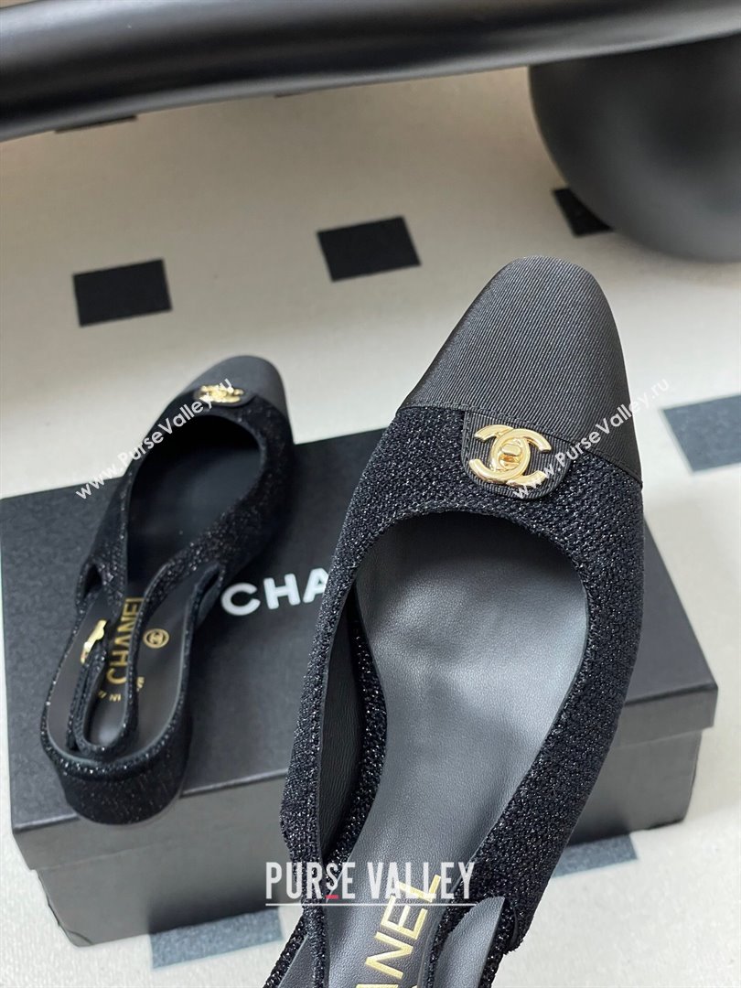 Chanel Tweed Grosgrain Slingbacks Pumps 3.5cm with CC Tag Black 2025 G46441 (MD-251103031)